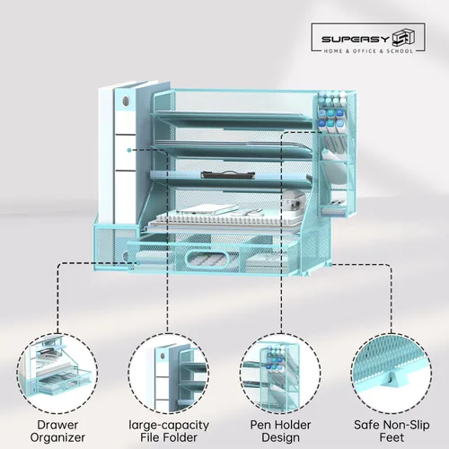 Vista 3 de SUPEASY Organizador de escritorio con soporte para archivos, organizador de bandeja de papel de malla de 5 niveles con soporte para bolígrafo y Azul