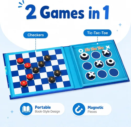 Vista 2 de Juego de mesa de damas y Tic-Tac-Toe 2 en 1 Juegos de viaje magnéticos para niños de 8 a 12 años Actividades de avión para niños de 8 a 12 años