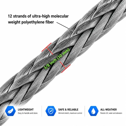 Vista 2 de Ucreative Cuerda de extensión de cabrestante sintética de 3/8 pulgadas x 50 pies, 26,500 libras para vehículos todoterreno, color gris