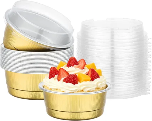 Vista 15 de Beasea - Juego de 50 ramekins de aluminio con tapas, 260 ml, 8.8 oz, 4 pulgadas, ramekins desechables de papel de aluminio para hornear, redondos