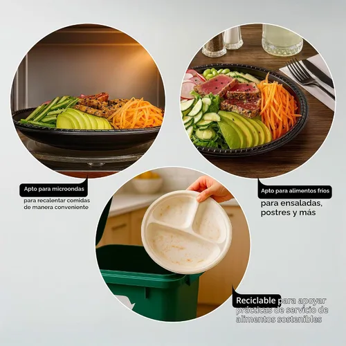 Vista 3 de Restaurantware -Chef 101 Platos de comida para microondas de 10.4 pulgadas, 100 platos redondos de plástico, 3 compartimentos, desechables, platos