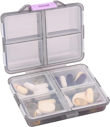 Vista 9 de Organizador de píldoras de viaje pequeño con 8 compartimentos en rejilla - Estuche porta medicamentos portátil - Organizador de medicación diario