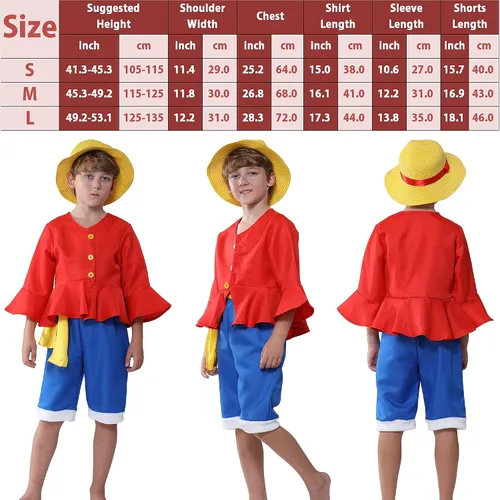 Vista 2 de YuDanae Disfraz de Luffy para niños sombrero de pajita disfraz de cosplay para Halloween fiesta de anime para niños pequeños de 3 y 10 años