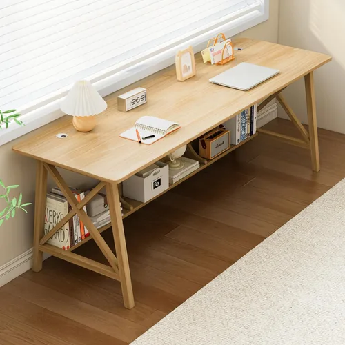 Vista 9 de NELYE Escritorio Extra Largo con Estantería - Mesa de Trabajo de Estudio de Oficina en Casa de Madera, Estación de Trabajo de Computadora de Roble