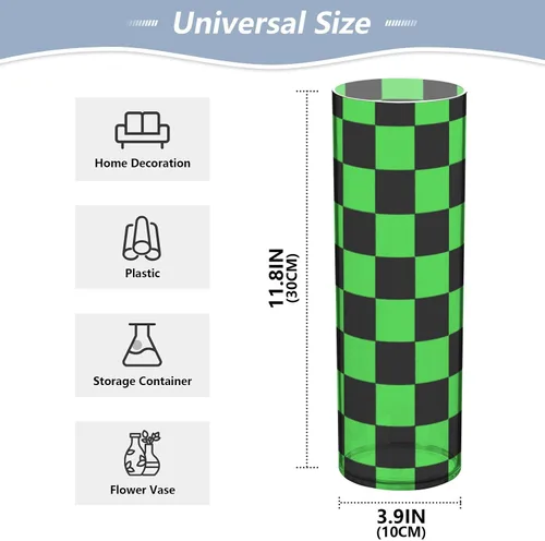Vista 2 de Jarrones cilíndricos de plástico a cuadros negros y verde lima para flores, 11.8 x 3.9 pulgadas, jarrones decorativos para centro de mesa
