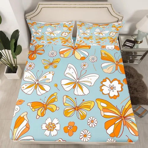 Vista 8 de Juego de sábanas ajustadas estilo 70s hippie retro para cama individual, juego vintage de otoño con hojas florales para niños y niños, juego de ropa