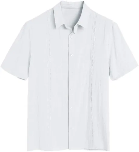 Vista 2 de Hestenve Camisa de manga corta para hombre estilo guayabera de lino algodón hippie playa con botones