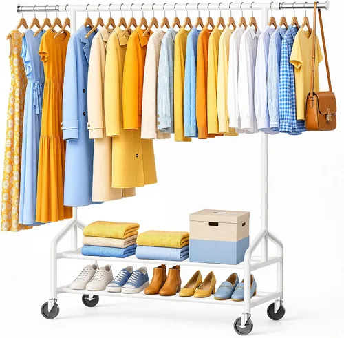 Vista 14 de Heavy Duty Clothes Rack, Rolling Clothing Rack Load 650 LBS for Hanging Clothes with 2 Sturdy Shelves, Metal Garment Rack with Wheels for Bedroom