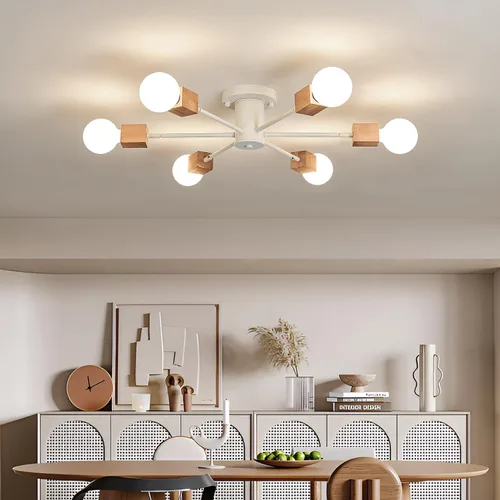 Vista 9 de Lámpara Sputnik Boho de 6 luces semiempotrada para techo, lámpara de techo de madera y blanca para comedor, sala de estar, dormitorio, cocina