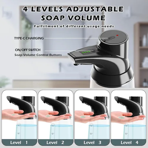Vista 2 de Paquete de 2 dispensadores automáticos de jabón líquido sin contacto, negro, 4 niveles ajustables, moderno, tipo C, recargable, sensor eléctrico