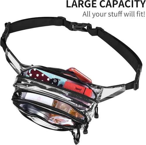 Vista 7 de Riñonera transparente aprobada por estadios para mujeres, para el trabajo, bolsa de cintura multiusos para viajes y eventos deportivos, Negro -, Pvc