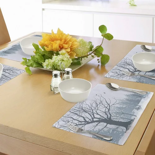 Vista 4 de Ambesonne Juego de 4 manteles individuales de invierno, diseño de árbol sin hojas en el bosque nevado y pájaros voladores, manteles individuales