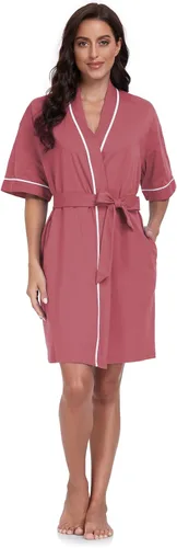 Vista 19 de COLORFULLEAF Bata de baño de manga corta para mujer, 100% algodón, longitud hasta la rodilla, con bolsillos