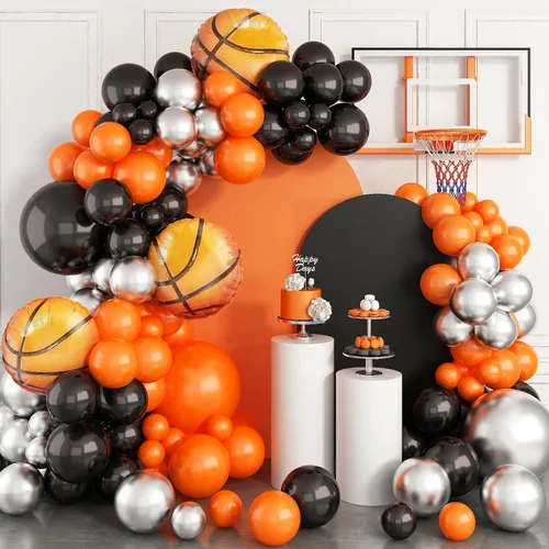 Vista 8 de Guirnalda de arco de globos deportivos, kit de guirnalda de globos con tema de bolas, globos blancos, verdes, negros y naranjas, globos de aluminio