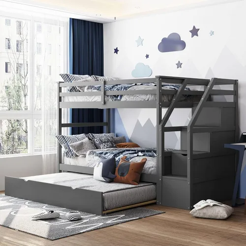 Vista 27 de Literas para niños con escalera, literas de madera maciza con barandilla completa