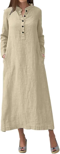 Vista 28 de Vestido de manga larga para mujer, casual, de algodón, lino, con botones, maxivestidos tipo caftán, blanco y azul