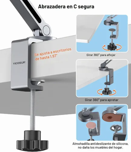 Vista 4 de YICOSUN Soporte de brazo para tableta con súper agarre, soporte plegable ajustable y abrazadera giratoria de aluminio resistente de 360° para iPad