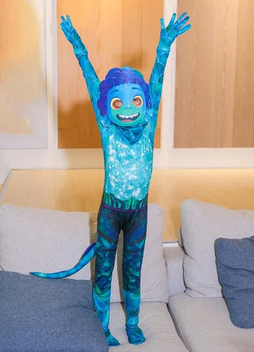Vista 4 de Aepotumn - Disfraz de monstruo marino para niños, para Halloween, niños, niñas. Enterizo verde para cosplay con máscara 3D para niños de 2-12 años.