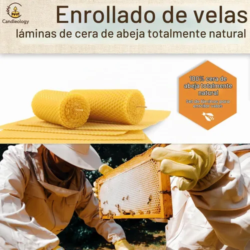 Vista 5 de Hojas de cera de abeja natural para hacer velas (paquete de 10 hojas con mechas de algodón), tono amarillo natural, kit de enrollamiento de velas
