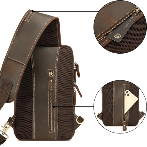 Vista 5 de Lieseh Bolso bandolera vintage de cuero genuino para hombre, bandolera para hombro, pecho, mochila de viaje al aire libre, Café, Vintage