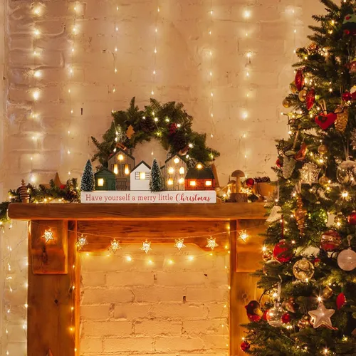 Vista 4 de Decoraciones de Navidad para el hogar, decoración de árbol de Navidad con temporizador de madera rústica de madera, bloque de mesa de granja