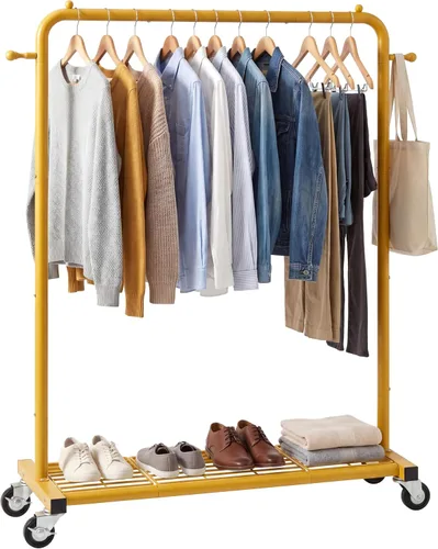 Vista 8 de Sywhitta Perchero con ruedas con estante de almacenamiento de malla y marco de metal resistente, perchero con ruedas para colgar ropa, abrigos