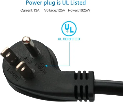 Vista 3 de Cable de extensión corto de enchufe plano, ángulo recto de 3 puntas, 1625 vatios, 16 AWG, 13 amperios 125 voltios, certificación UL, paquete de 5