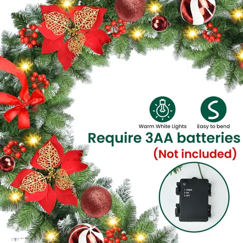 Vista 3 de Guirnalda de Navidad con luces, guirnalda de Navidad preiluminada de 9 pies con 30 luces LED para repisa, decoración de Navidad para interiores