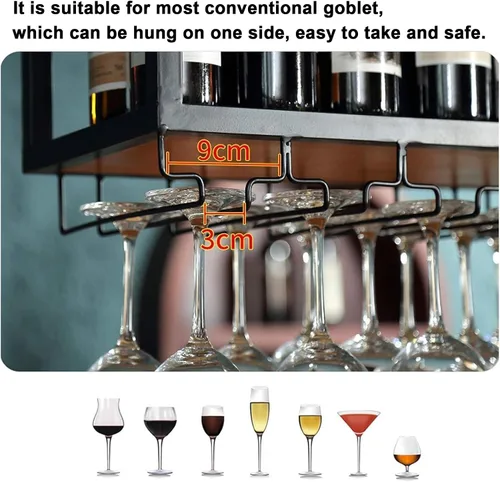 Vista 3 de Estante de techo para copas de vino, estante colgante de vino de altura ajustable, estante flotante de bar industrial, soporte para copas de vino