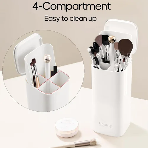 Vista 6 de Osuke Makeup Brush Holder with Lid Cosmetic Tools Organizer,One Touch Open 4 Slot Makeup Brush Case with Waterproof Dustproof, Cosmetic Storage for