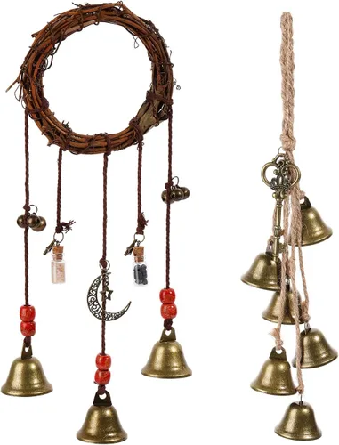Vista 9 de Campanas de bruja para pomo de puerta para protección Campanas colgantes de viento Campanas decorativas hechas a mano para decoración bohemia