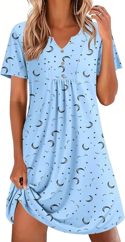 Vista 17 de Ekouaer Camisones para mujer de algodón Vestidos de noche Plisados Camisones Henley Cuello en V Camisas de dormir de manga corta Ropa de dormir