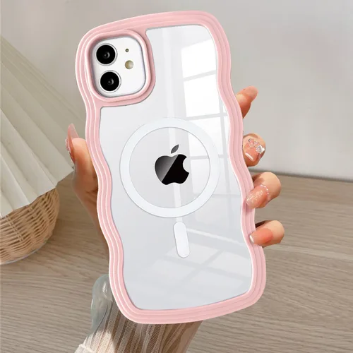Vista 25 de QLTYPRI Funda magnética para iPhone 11 compatible con Magsafe, bonita funda transparente con marco de onda rizada para niñas y mujeres, parachoques