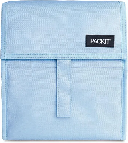 Vista 21 de PackIt Freezable Lunch Bag, Almond Paquetes de hielo integrados, tecnología EcoFreeze+, cierre de cremallera y pliegue, mango de hebilla de Almendra