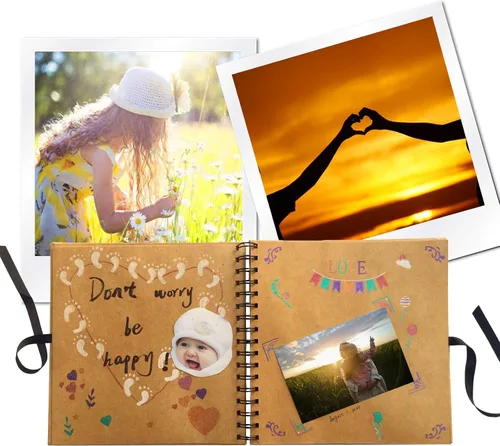 Vista 6 de Álbum de fotos DIY Scrapbook cubierta de papel kraft con pellets adhesivos para aniversario, boda, viajes (letras en la portada)