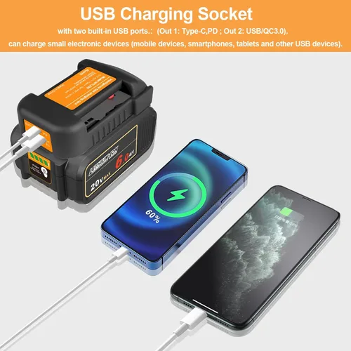 Vista 6 de Paquete de 2 adaptadores de cargador USB compatibles con batería Dewalt de iones de litio de 20 V con salida USB e interfaz de carga rápida tipo C