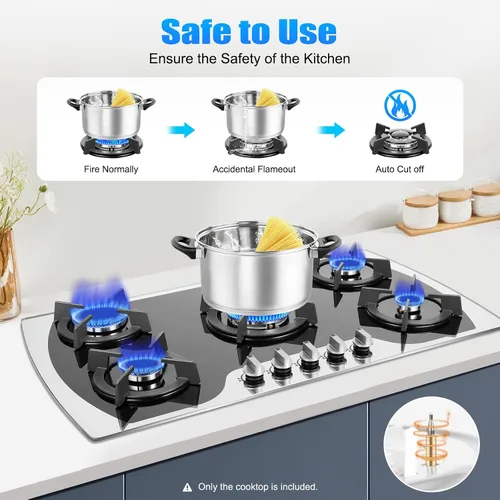Vista 5 de Cocina de gas de 35 pulgadas, estufa de gas integrada de acero inoxidable, 5 quemadores con control de interruptor independiente, cocina de gas