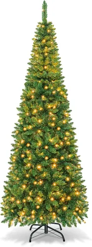 Vista 11 de Goplus Árbol de Navidad de Lápiz Preiluminado de 4.5 pies, Abeto con Bisagras de Alta Calidad, con Luces LED Blancas Cálidas y Soporte de Metal Verde