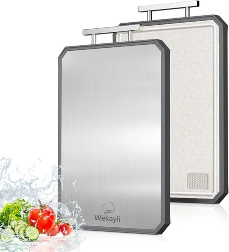 Vista 10 de Tablas de cortar de acero inoxidable para cocina, tabla de cortar 2 en 1 no tóxica de doble cara, tablas de cortar de grado alimenticio para carne