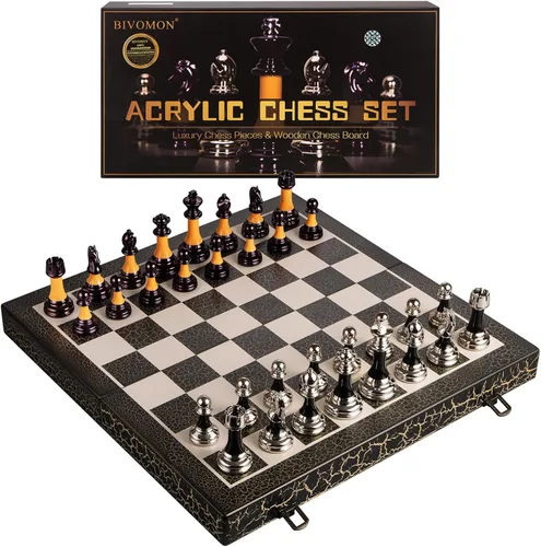 Vista 9 de BIVOMON Juego de Ajedrez de Madera Plegable de 16" Tablero de Ajedrez Blanco y Negro Piezas de Ajedrez de Acrílico de Lujo con Peso de 3.5