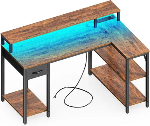 Vista 14 de SUPERJARE Escritorio reversible en forma de L de 47 pulgadas con luces LED y tomas de corriente, escritorio para computadora con estantes y soporte