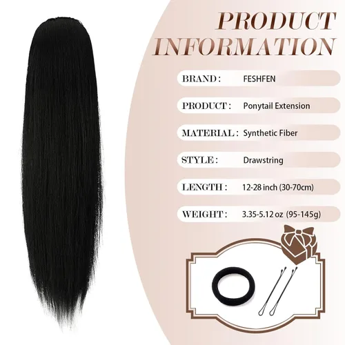 Vista 5 de FESHFEN Extensiones de cola de caballo rectas, colas de caballo largas con cordón, cola de caballo sintética con clip para mujer, color negro