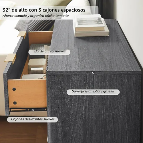 Vista 5 de T4TREAM Cómoda acanalada de 3 cajones de 32 pulgadas para dormitorio, aliso Aliso Oscuro