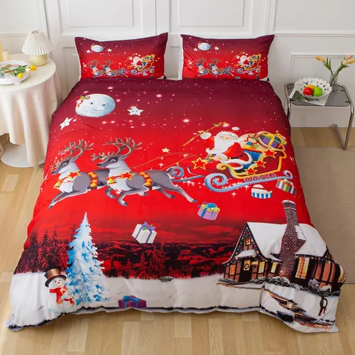 Vista 2 de Juego de funda de edredón de Navidad, tamaño King, diseño de ciervos de Papá Noel, funda de edredón con cremallera