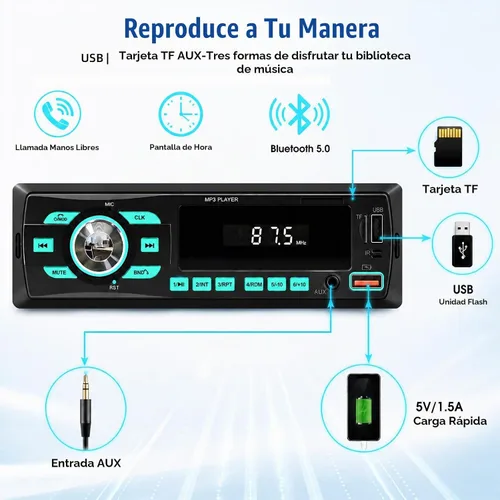 Vista 2 de Radio de coche Bluetooth Single DIN Audio estéreo para automóvil, audio para automóvil con Bluetooth dual y control de aplicaciones, compatible