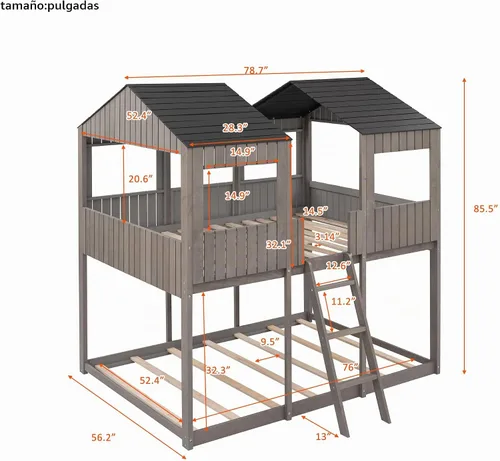 Vista 2 de Harper & Bright Designs Literas de madera de tamaño matrimonial sobre matrimonial, literas de madera con techo y barandilla de protección para Gris
