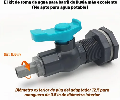 Vista 4 de Kit de grifo de PVC con espita de barril de lluvia con accesorio de mamparo, válvula de bola, adaptador de púas de manguera de jardín, abrazaderas