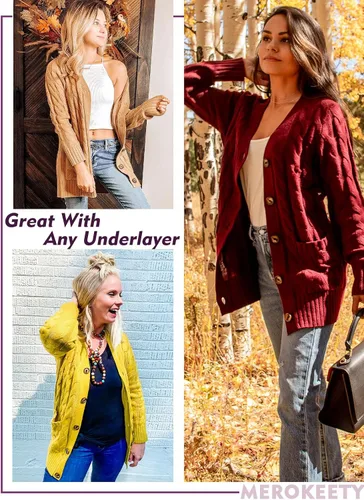 Vista 7 de MEROKEETY - Suéter de punto trenzado y manga larga para mujer, estilo cárdigan abierto al frente, con botones, para otoño, ropa de exterior holgada