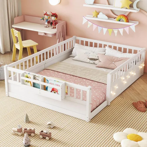 Vista 20 de Cama Montessori de tamaño matrimonial con estantería, luces, listones y Luces grises