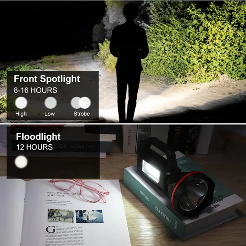 Vista 3 de Linterna recargable con reflector, reflector de mano de alto lúmenes, linterna LED con correa para el hombro y salida USB para huracanes